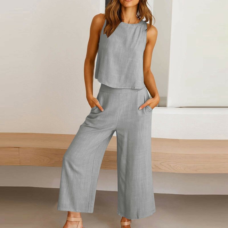 Summer Cotton Linen Women For Sets Sleeveless O-Neck Tank Top Wide Leg Pants Two Piece Suits Female Casual Street Outfits 2024
