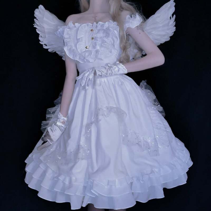 Japanese Sweet White Angel Jsk Fairytale Lolita Dress Vintage Kawaii Girls Gothic Lace Wedding Gown Cosplay Princess Dresses