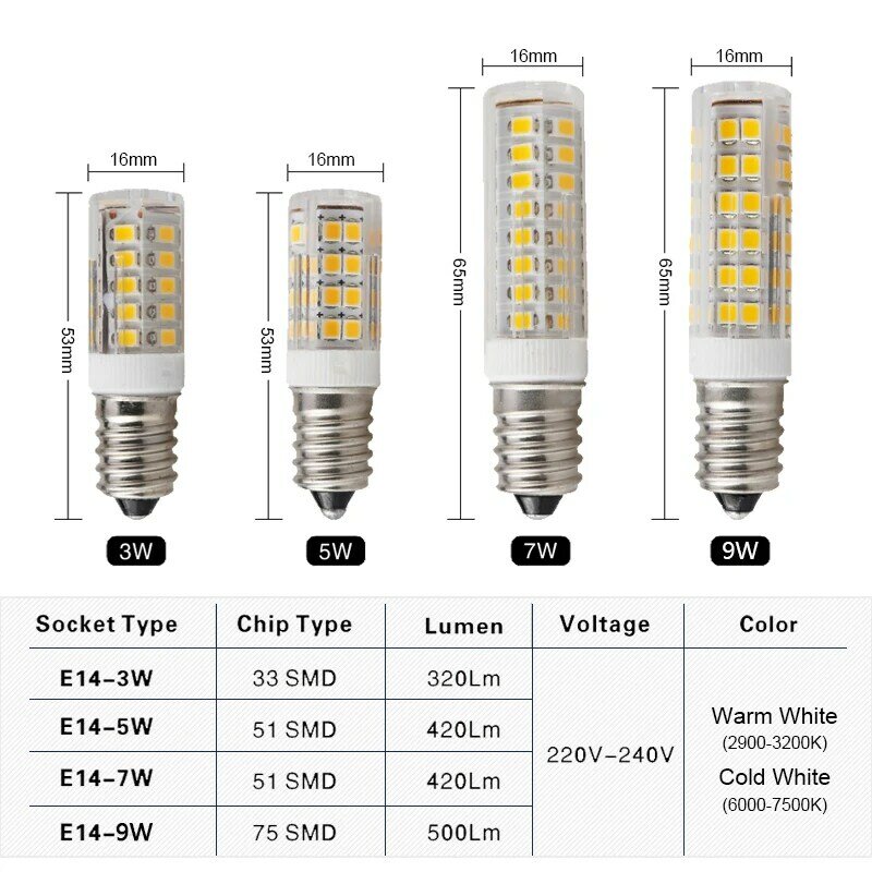 Minilámpara LED E14 de cerámica de alta calidad, 3W, 5W, 7W, 220V, 240V, Bombilla tipo mazorca 33, 51, 75, SMD2835, 360, 2 unids/lote