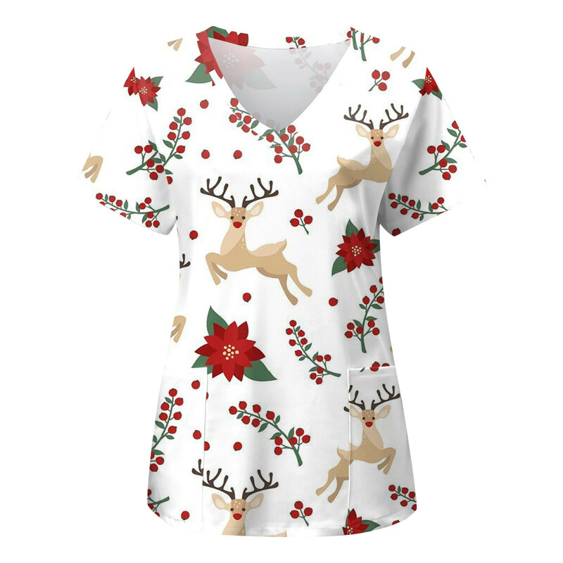 Christmas Nurse Uniform Scrubs Tops Womens Xmas Cartoon Elk Print Short Sleeve Pocket Overalls Uniforms Medical Nursing Blouse