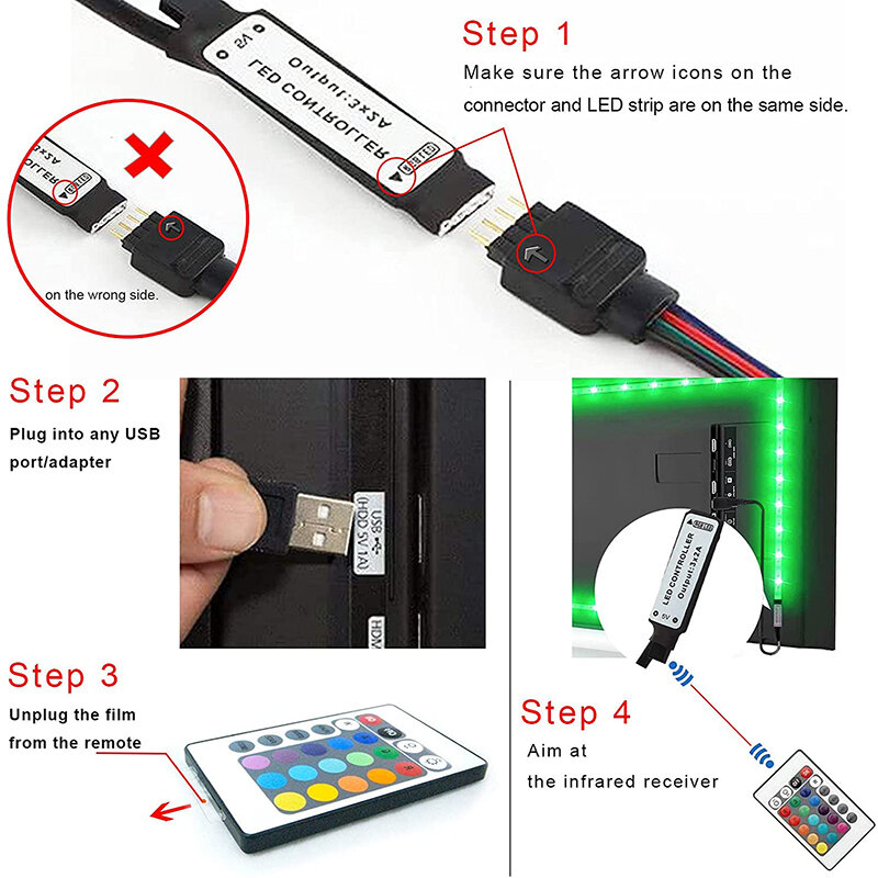 USB 소켓이 있는 LED 스트립 라이트, 3AA 배터리, 5V 5050 SMD, 유연한 컬러 스트립 램프, 방 화장대, 컴퓨터에 적합