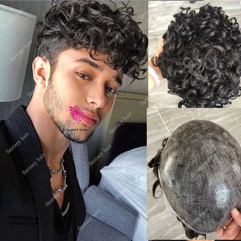 20MM Curly Toupee Replacement System For Men Thin Skin Base 8x10Inches Capillary Prosthesis Injected Techinical Men's Wig Sale