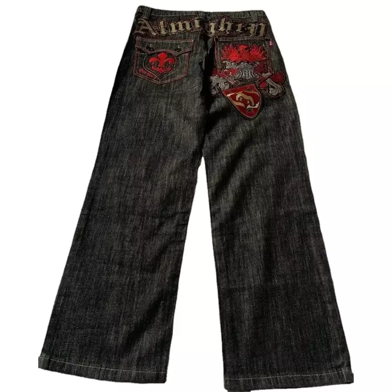 Y2K Gothic mens jeans Vintage Harajuku patchwork monogram high quality Embroidery pattern Streetwear men women wide leg jeans
