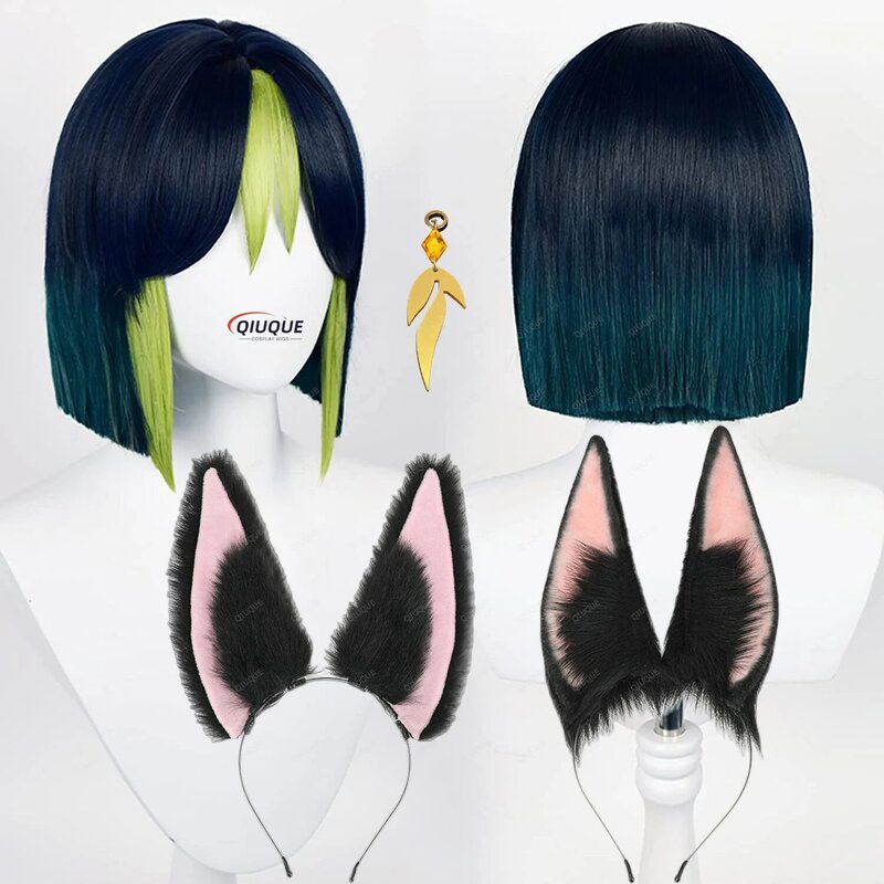 Wig Cosplay Game Impact Tighnari Wig Anime rambut sintetik tahan panas + topi Wig + telinga
