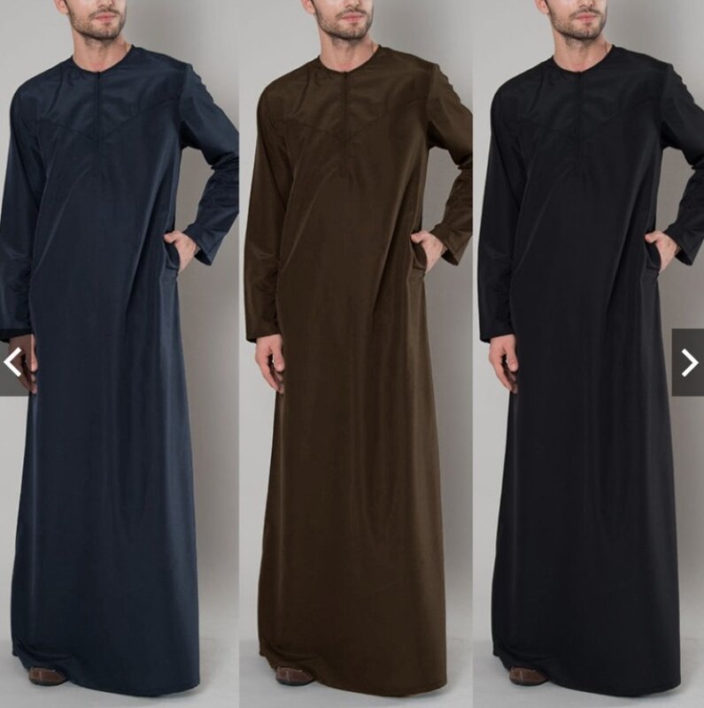 Baru Muslim Timur Tengah Arab Dubai Malaysia Pria longgar jubah ritsleting kemeja Jubba Thobe Fashion pakaian pria Muslim Fashion