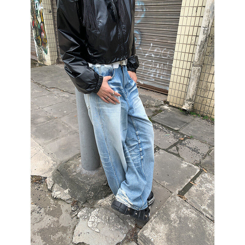 Calça jeans de rua retrô desfiada feminina, calça de perna larga, roupa de rua, personalidade, arranhão, nova