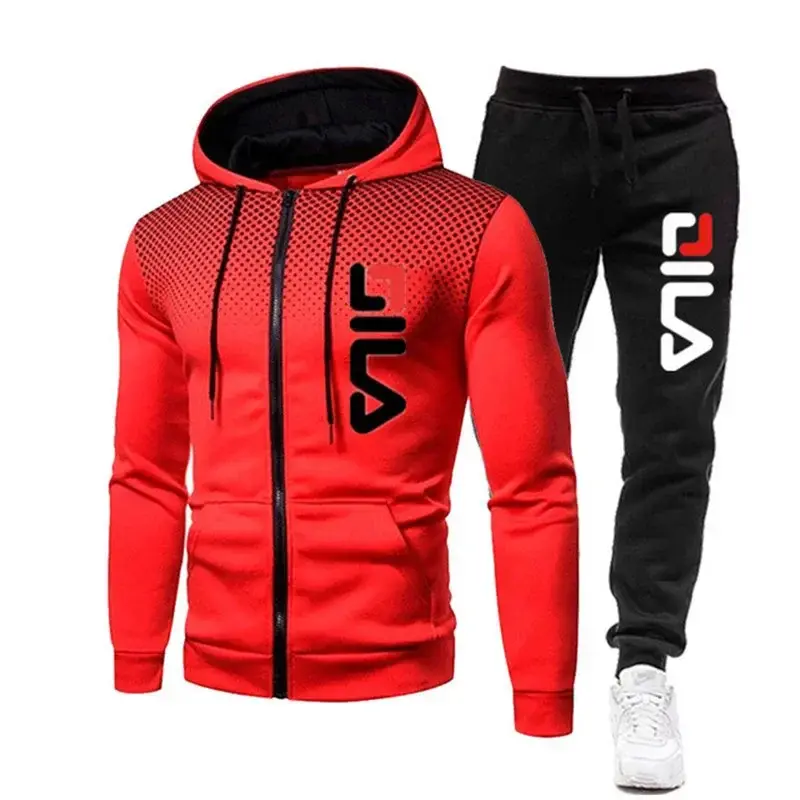 Conjunto esportivo de duas peças masculino, jaqueta e calça quentes, casaco com zíper, capuz ao ar livre, conjunto esportivo para jogging