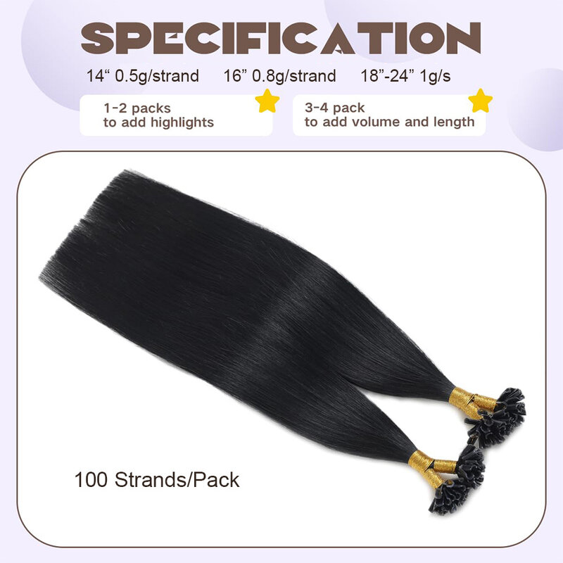 Extensions de cheveux humains droites U Tip, cheveux noirs de jais, #1, Remy, 14-24 ", 100 mèches par paquet