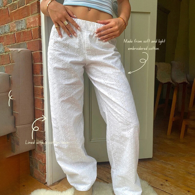 2024 Women's Y2K Vintage Casual Pants Retro Elastic Wide Waist Flower Hollowed Out Aesthetic Loose Long Trousers Club Streetwear