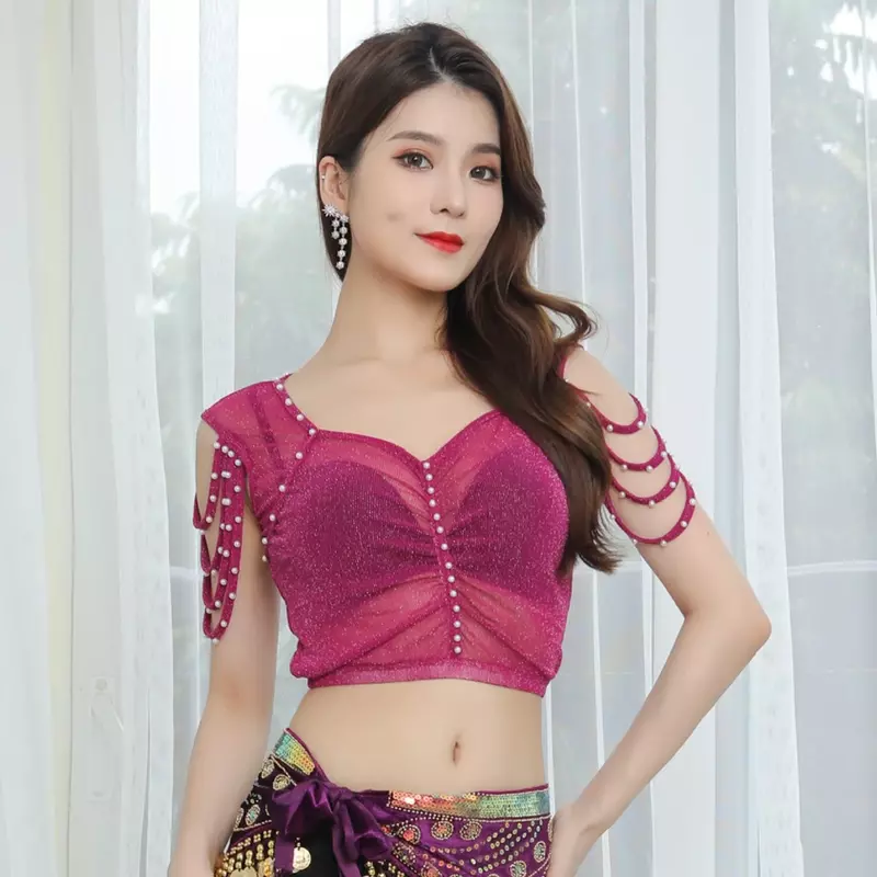 Belly dance sleeveless top sexy new exercise clothes high elastic mesh and beaded oriental dance clothes female exercise clothes