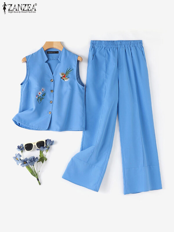 ZANZEA-Tops de colete bordado sem mangas e calças largas para mulheres, trajes vintage, roupas de verão, conjuntos de calças 2pcs, cintura elástica
