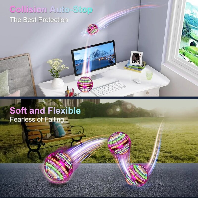 Bola terbang mengambang berputar induksi, dengan lampu LED bola bumerang permainan interaktif dalam dan luar ruangan ujung jari mainan hadiah keluarga