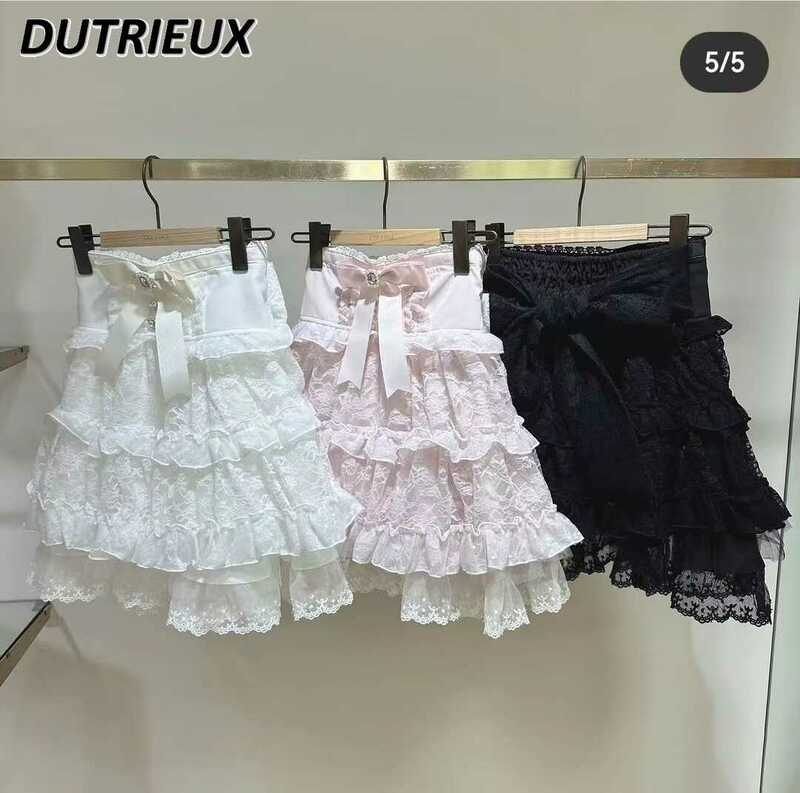 Summer New Japanese Cute Sweet Girl Mesh Lace A-line Skirt Lace Bow Lace-up High Waist Short All-Match Skirts for Women