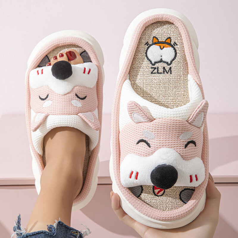 Home Linen Slippers Cute Thick Women's Slippers Soft Sole Four Seasons Flats Slippers Indoor Cartoon Funny Non-slip House Shoes