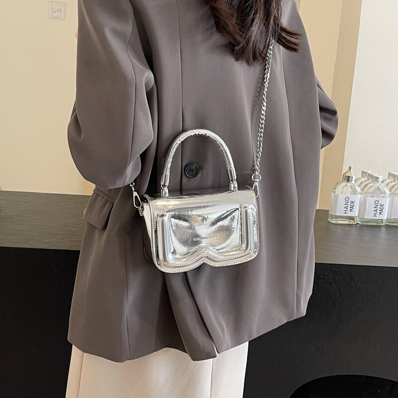 女性用ミニ合成皮革ショルダーバッグ,女性用シルバークロスオーバーバッグ,韓国のファッション,2024