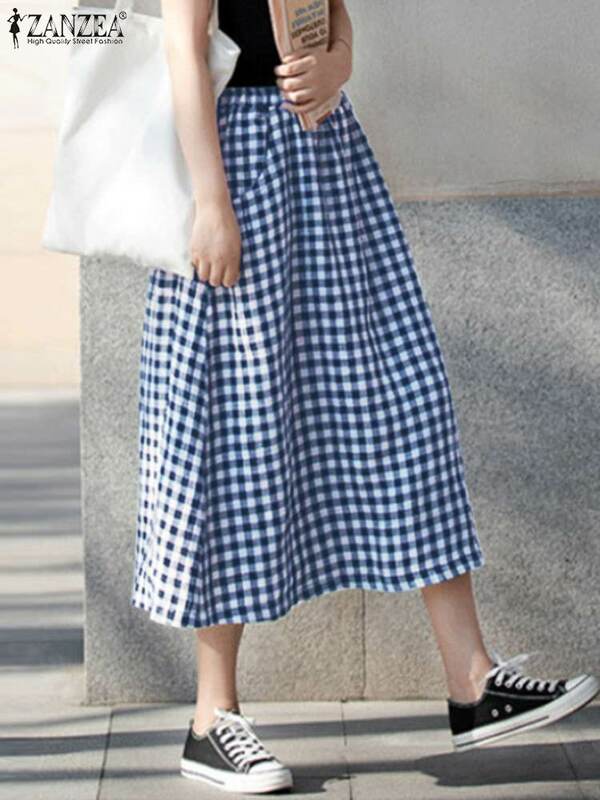 ZANZEA-Faldas de cintura elástica para mujer, Faldas con estampado de cuadros bohemios, moda coreana con bolsillos, verano, 2024