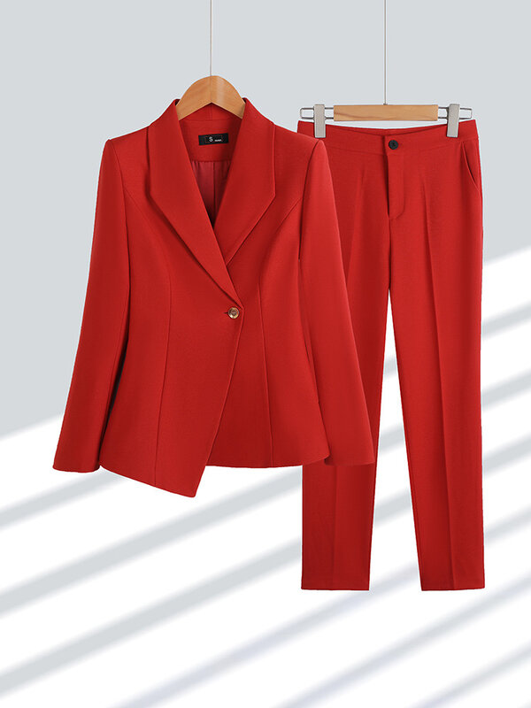 Conjunto de Blazer ajustado con muescas para mujer, abrigo Irregular con un solo botón y pantalones de lápiz, 2 piezas, primavera y otoño