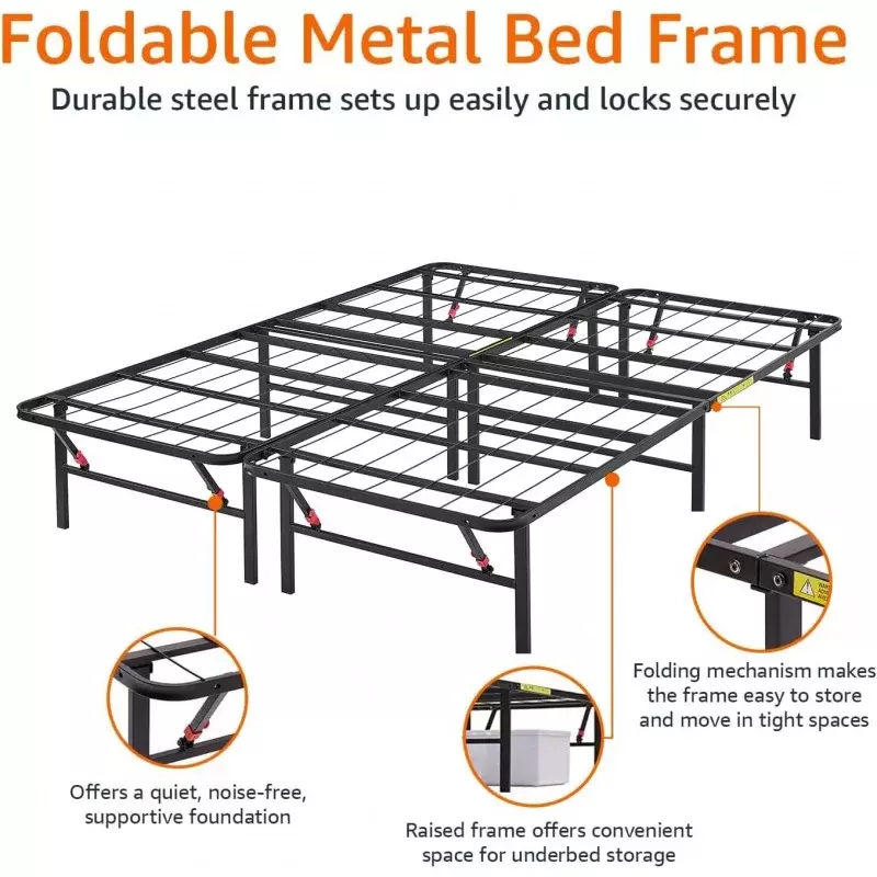 Plate-forme métallique pliable de base, cadre de lit avec installation sans outil, 14 amarans de haut, cadre en acier robuste, aucun ressort de boîte nécessaire