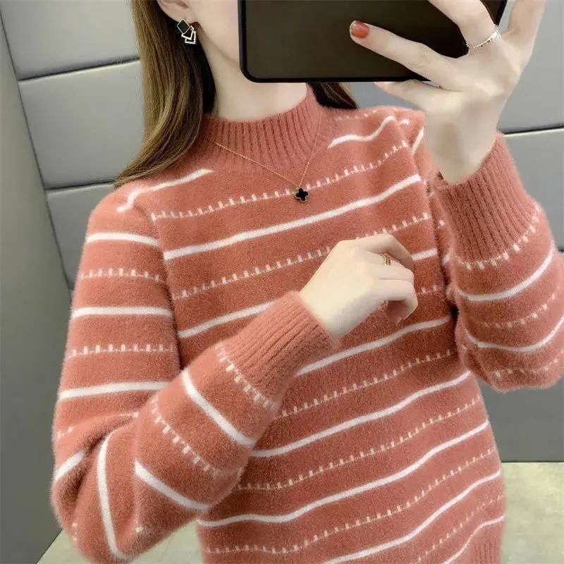Women's Autumn Winter Solid Turtleneck Flocking Pullover Screw Thread Striped Long Sleeve Undershirt Sweater Knitted Loose Tops