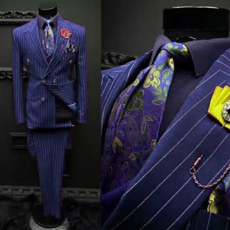 Striped Men Suits Double Breasted Coats Business Blazer Tuxedos Wool Blend Strip