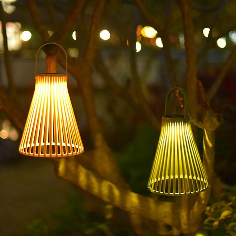 Hanging Solar Lamps Decor Handmade Waterproof Bamboo Woven Lantern Retro Decorative Rattan Chandelier Light Balcony