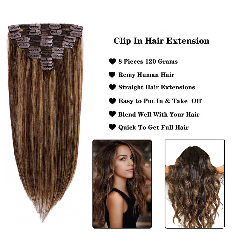 Straight Clip in Hair Extensions 8pcs #4 27 Double Weft Clip in Human Hair Extensions #P4/27 Brazilian Human Hair