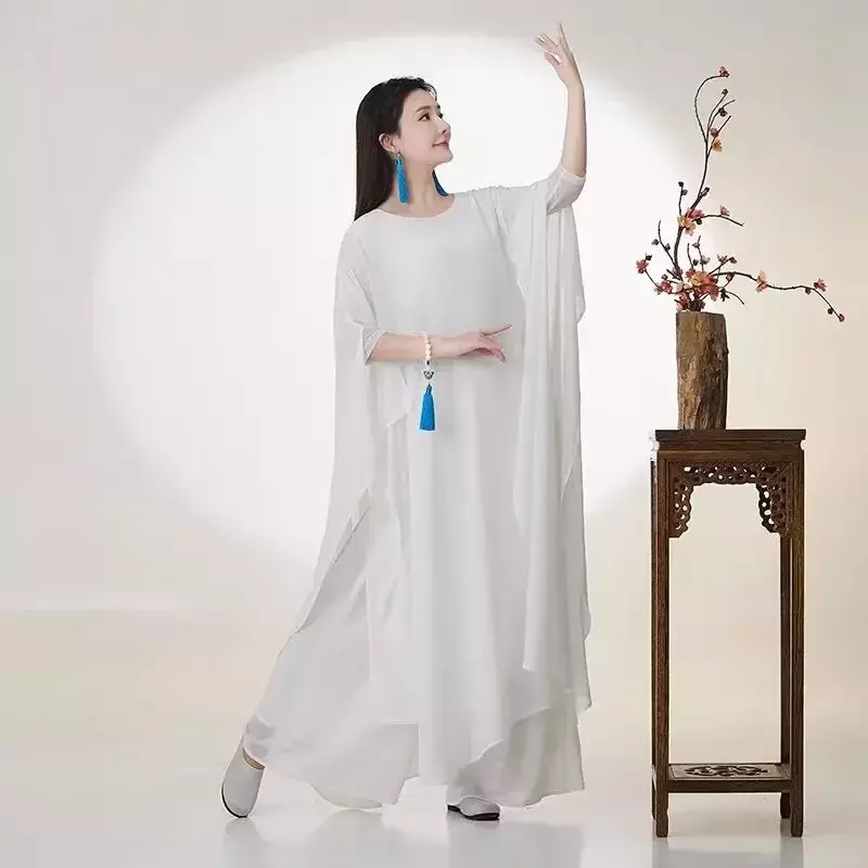 Китайский стиль белый дзен танцевальный костюм для представлений медитация платье брюки комплект