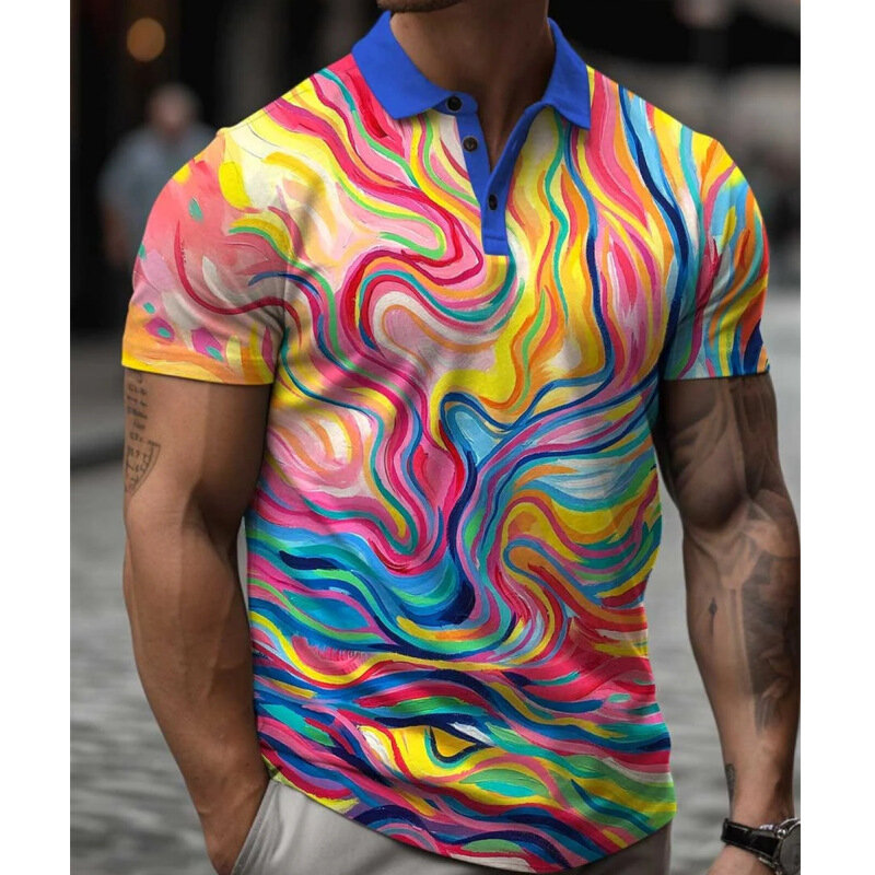 3D kolorowe Graffiti nadruk w paski koszulka Polo dla mężczyzn modna, z klapami koszule z krótkim rękawem Oversized Casual Golf bluzka koszule na guziki