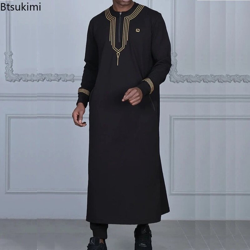 2024 New Arabic Robe Men's Muslim Fashion Abaya Dubai Turkey Long Sleeve O-neck Embroidered Kaftan Men Casual Party Jubba Thobe