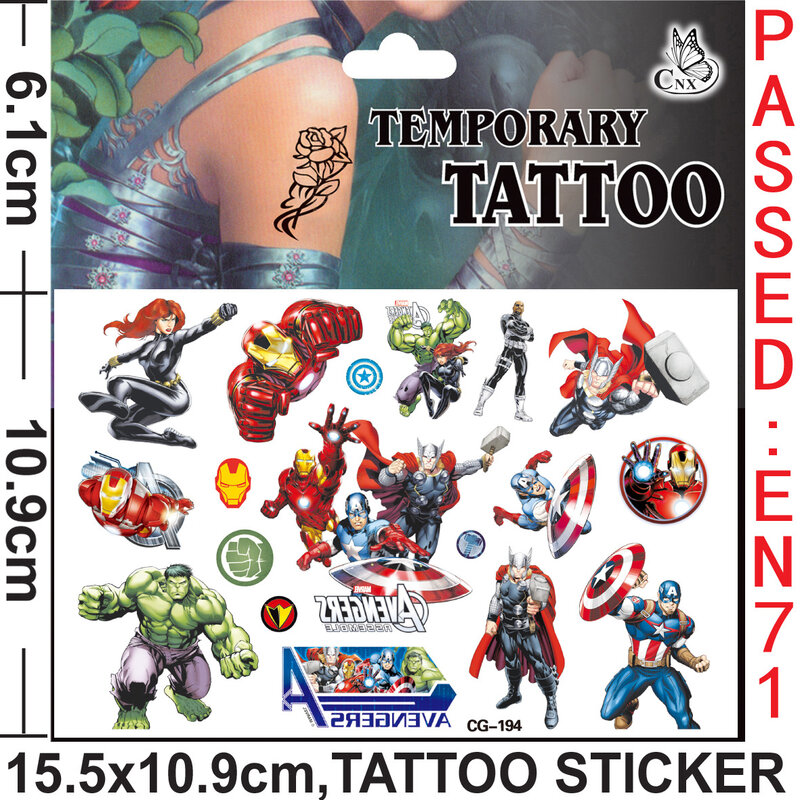 Avengers Tatuagens Adesivo para Crianças, Super Hero Cartoon Adesivos, Braço Brilhante, Arte Corporal, Tatuagem Temporária, Presente Infantil, Aleatório, 2pcs