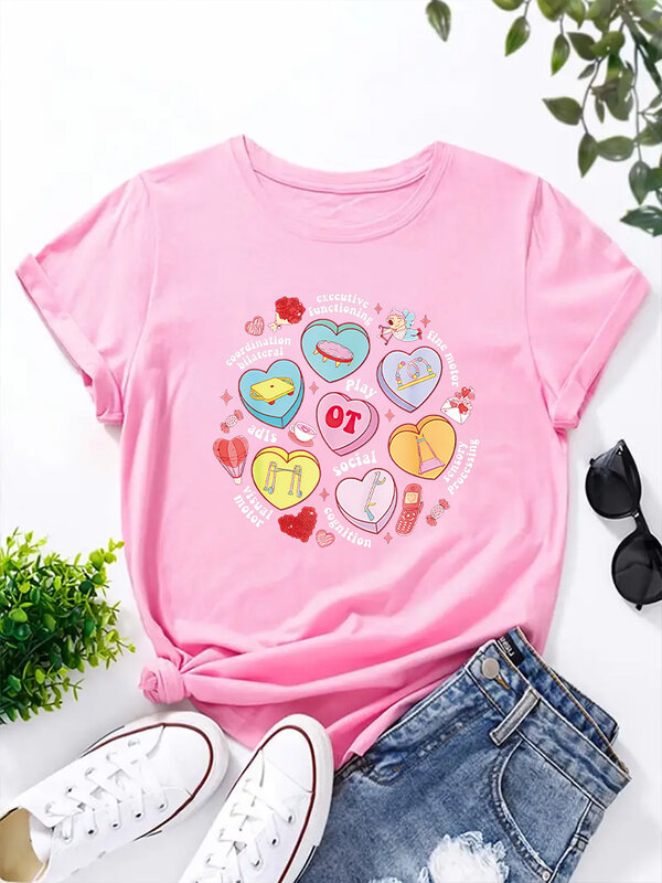 Design criativo feminino amor caixa de presente camiseta gráfica Harajuku Y2K casual roupas retrô com gola redonda, blusa feminina, moda verão, 2024