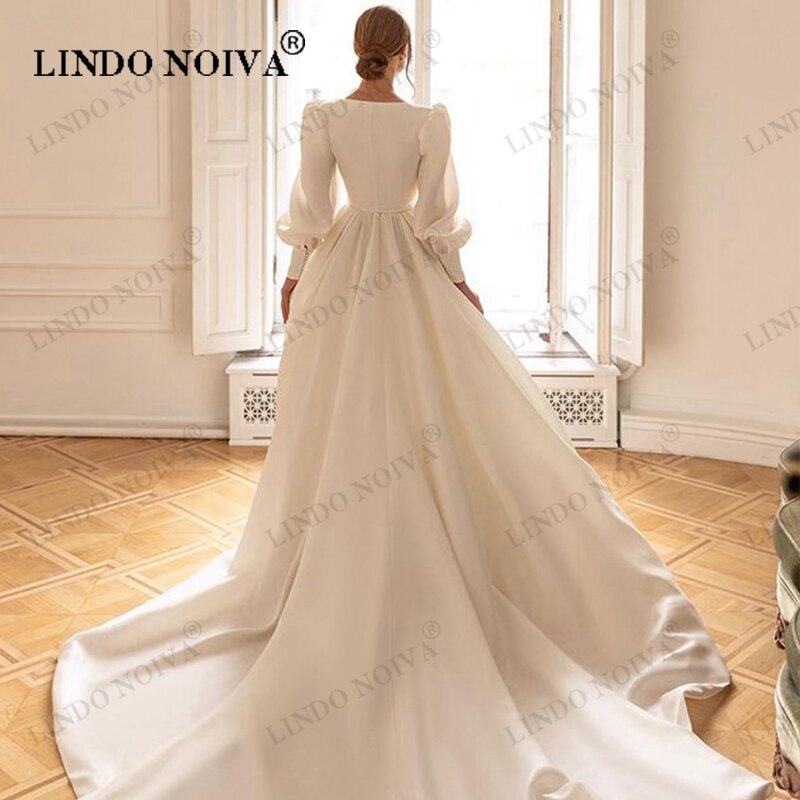 LINDO NOIVA Simple Square Neck Wedding Dress Back Zipper Floor Length Princess Bridal Bride Gowns Long Formal Dresses 2piece Set