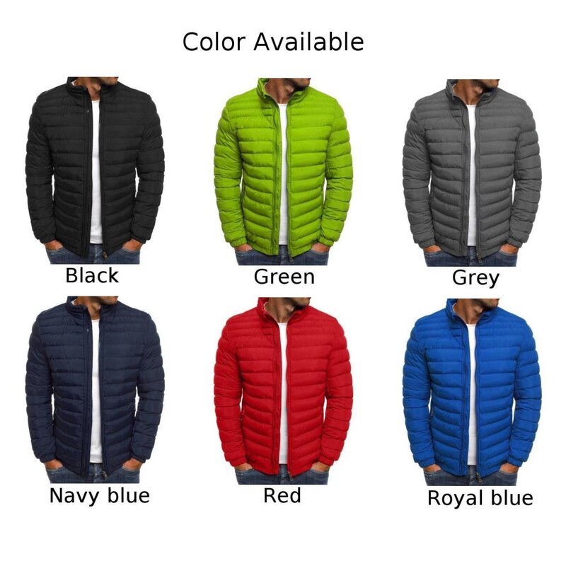 Classic Mens Winter Puffer Zip Up Jacket  Quilted Padded Stand Collar Coat Outwear M 2XL  Navy Blue  Royal Blue