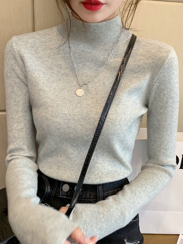 AOSSVIAO свитер с высоким воротником, Женская мода 2024, новые эластичные топы, женские вязаные пуловеры с длинным рукавом, вязаный свитер