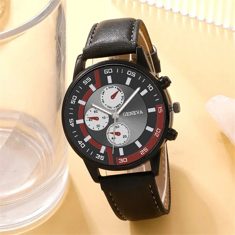 Jam tangan bisnis pria, 3 buah Set Fashion pria kasual gelang manik-manik kalung kulit hitam jam tangan kuarsa Relogio Masculino