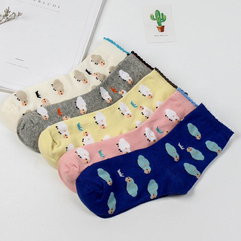 Autumn Winter Cotton Socks New Cotton Women's Mid Length Socks, Lace Cartoon Women's Socks, Cute Sheep Socks,