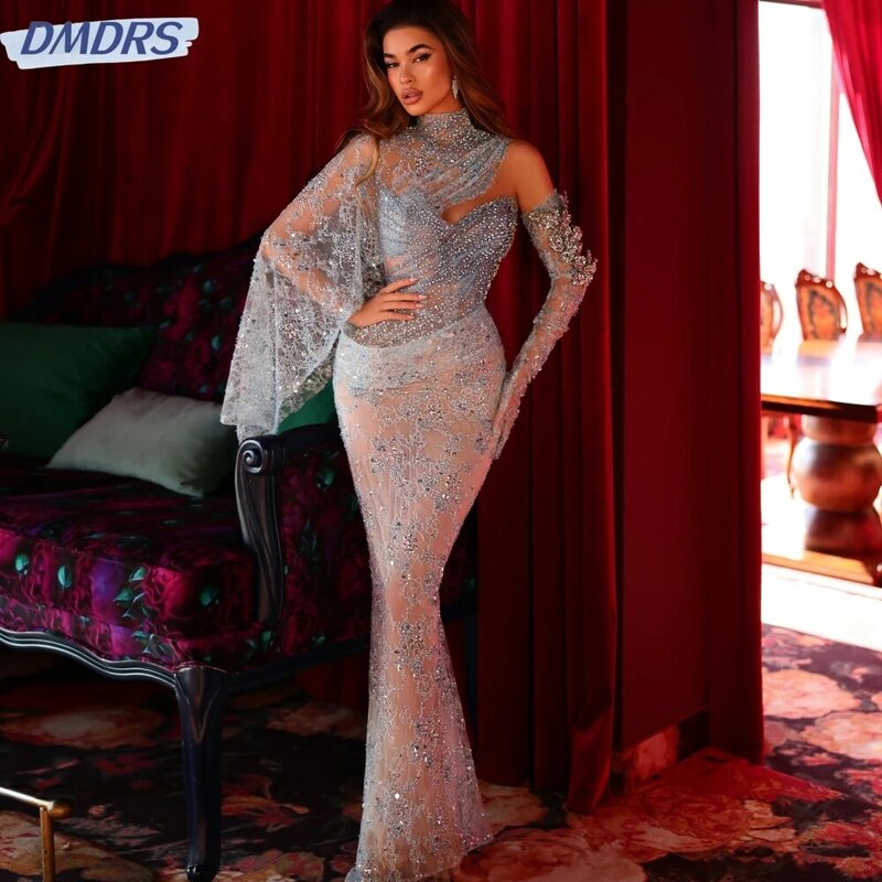 Sexy Illusion One Shoulder Prom Gown Sparkly Sequins Beads Cocktail Dresses Luxury Straight Long Evening Dress Robe De Mariée
