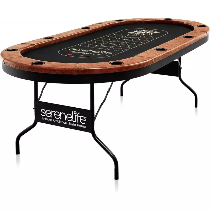 SereneLife 10-Player Oval Foldable Poker Table - Casino Texas Holdem Table with Water-Resistant Cushioned Rail, 10 Cup Holders,