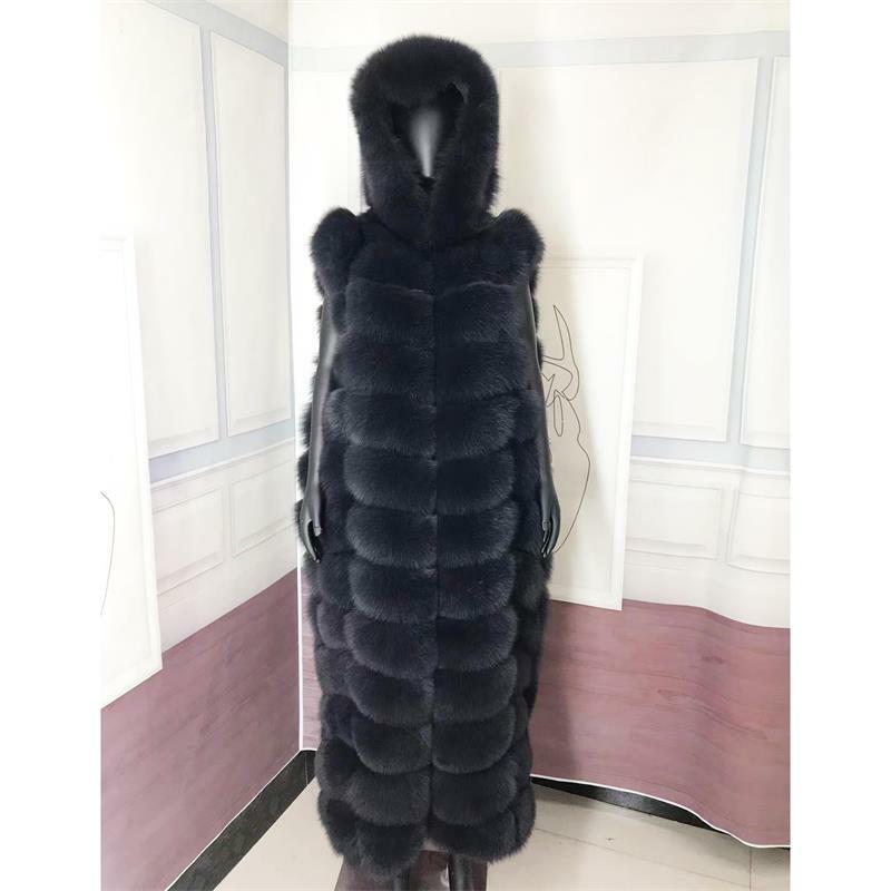 Chaleco de piel de zorro Real para mujer, de piel Natural abrigo largo, con capucha
