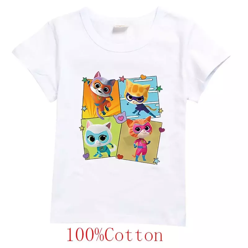 Manga curta camiseta de algodão para crianças, traje super cat, super gatinhos, roupas de verão para meninos e meninas