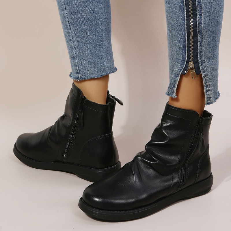 Botas femininas 2022 estilo britânico botas de tornozelo primavera e outono moda plissado lado zíper botas curtas feminino sapatos planos