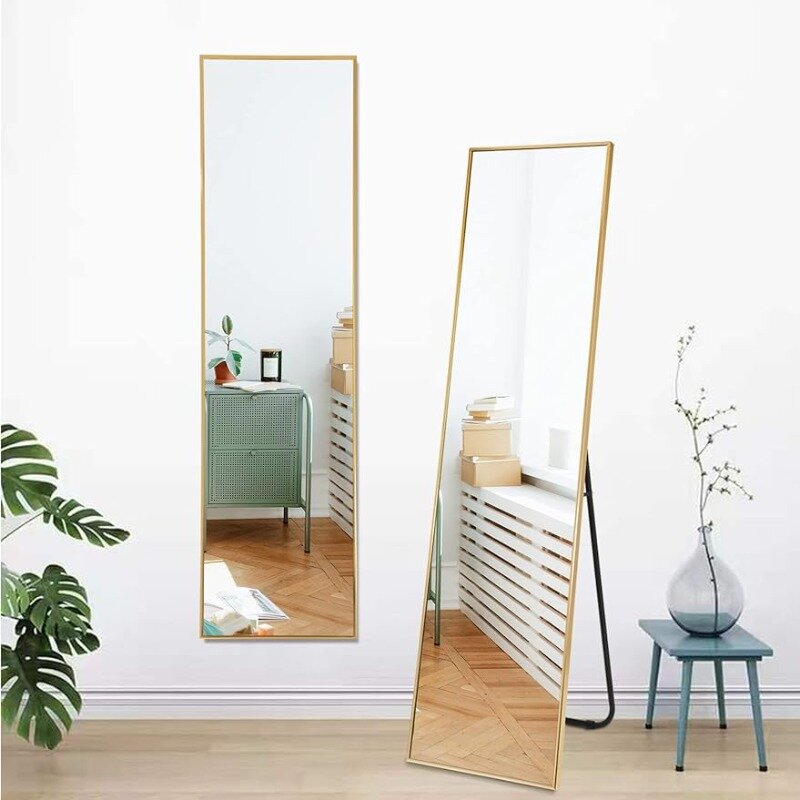 Specchio da pavimento rettangolare grande a figura intera montato a parete per soggiorno, telaio sottile in lega di alluminio, 59 "x 16", oro