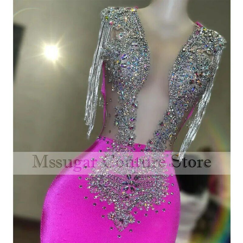 Aso Ebi Hot Pink Feathers Prom Dresses Crystal Sheer Neck Mermaid Party Gowns Sheer Neck Long Graduations Party Wear