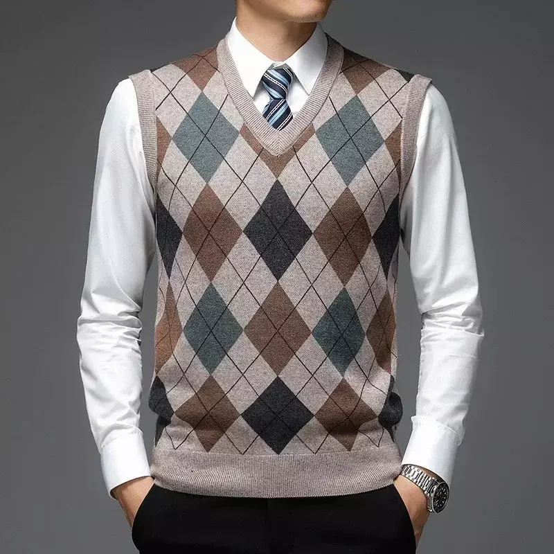 2023 남성용 브이넥 울 조끼, 민소매 니트 스웨터, 체크 무늬 인쇄 조끼 스웨터, 5 가지 색상, 가을 및 겨울
