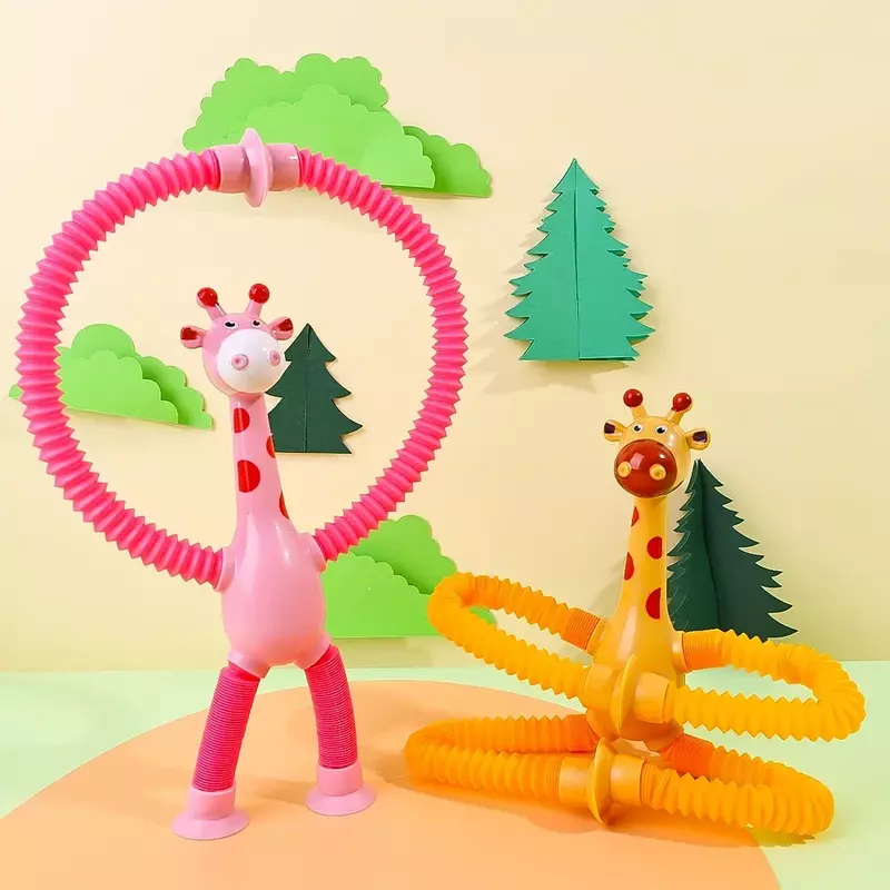 1-4pcs Telescopic Pop Tube Giraffe Sensory Toys Kids Stress Relief Games Early Education Suction Cup Giraffe Playing Gifts