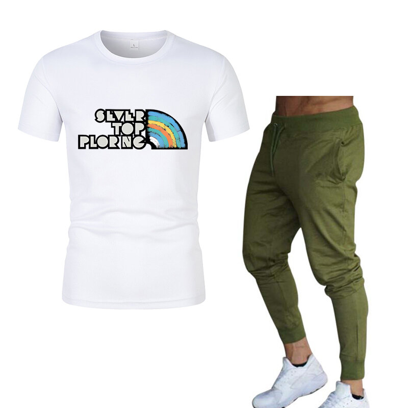 Conjunto de camiseta de manga curta e calça corrida masculina, casual esportiva, calça regular, estampada com letras, primavera, verão, 2