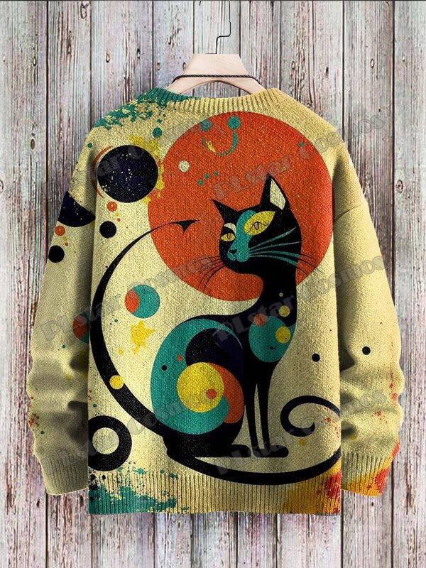 Jersey de punto con estampado 3D de gato abstracto para hombre, Jersey informal, colorido, divertido, invierno, ZZM49