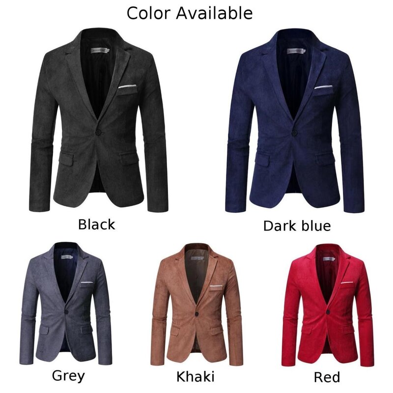 Suit Jacket Men Blazer Smart Solid Color Regular Vintage Business Casual Corduroy Durable Handsome Long Sleeve