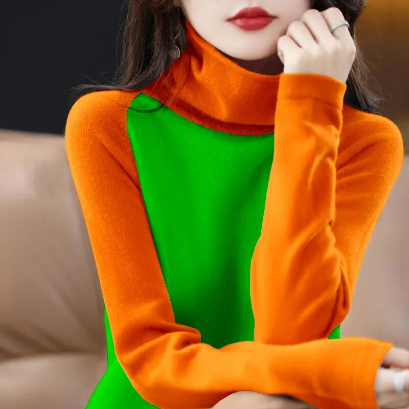 Suéter de cuello alto para mujer, Tops elásticos a la moda, jerséis de punto de Color caramelo, suéter de punto de manga larga, 2024