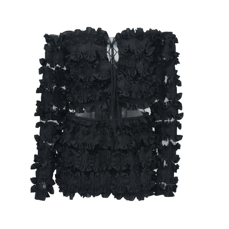 Seksowna spódnica krótki Top kobiet dwuczęściowy komplet czarne długie rękawy bez ramiączek trójniki z wysokim stanem krótka spódniczka modna bandaż elegancki 2-częściowy
